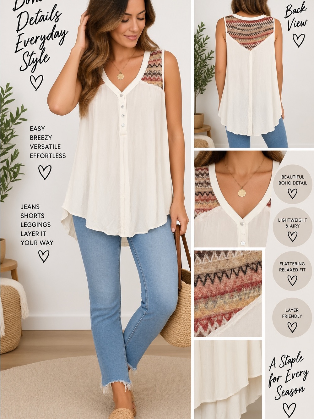 POL Cream Sleeveless V‑Neck Tank with Multicolor Embroidered Yoke